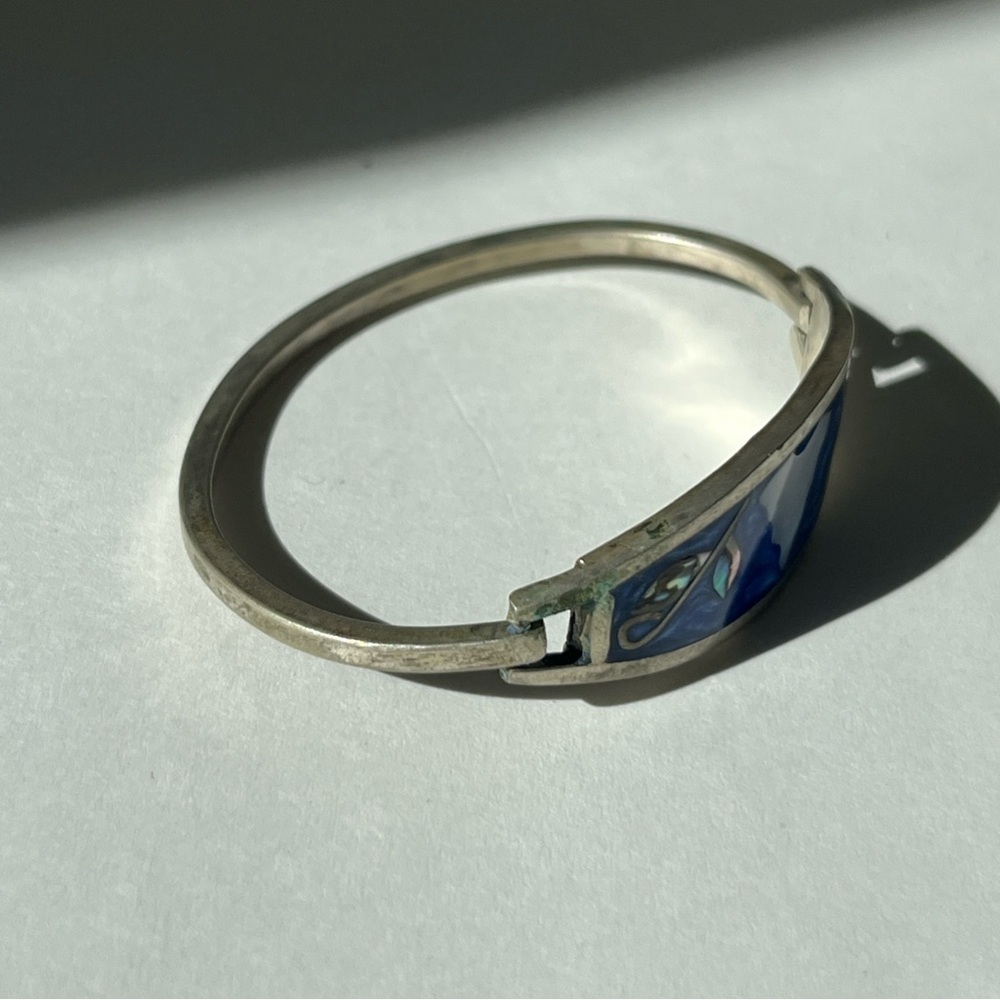 Vintage Alpaca Mexico Silver Abalone Inlay Hinge Bangle Bracelet - Picture 6 of 9
